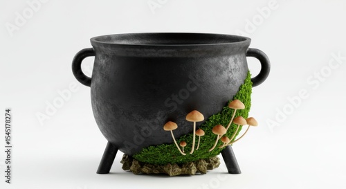 Decorative black cauldron with mushrooms and moss on a white background