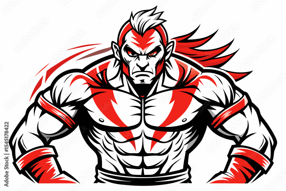 Fototapeta premium Vintage black and white illustration of a muscular male boxer in a powerful fighting stance. This dynamic vector-style artwork features bold line shading, detailed muscle anatomy