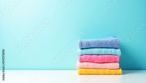 a stack of colored towels on a blue background minimalism, copy space
