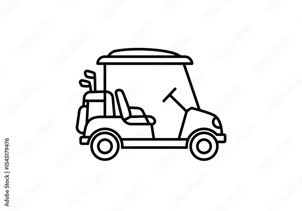 A simple line drawing illustration of a golf cart with golf clubs on a white background A simple line drawing illustration of a golf cart with golf clubs on a white background