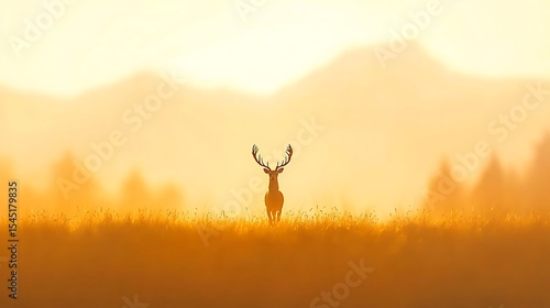 A lone Stag Stands Proudly Against A Hazy Mountain Meadow Sunrise
