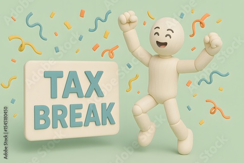 Happy Character Celebrating Tax Break with Confetti and Fun Colors