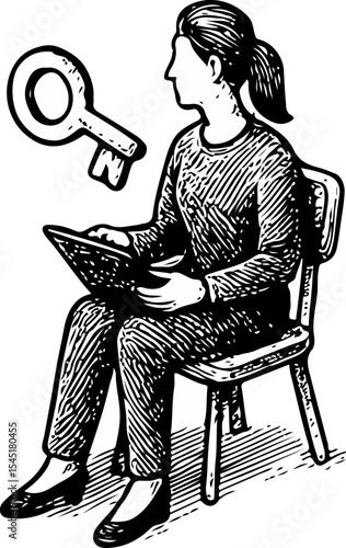 Woman holding a symbolic key while reading, representing knowledge, self-discovery, or unlocking the mind