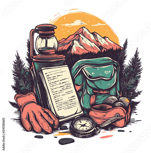 Vintage Camping Gear with Mountains and Sunset in Retro Style Illustration