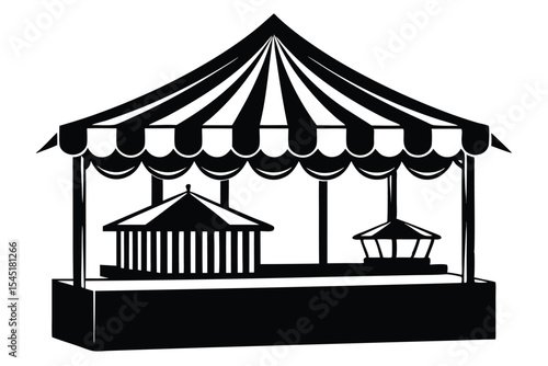 Silhouette of Vintage Carousel with Striped Tent Roof and Two Miniature Structures