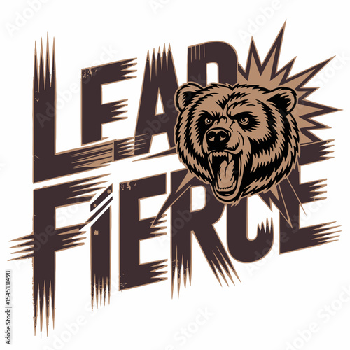 Lead Fierce Brown Bear Vintage Graphic Design Illustration Powerful Aggressive Animal Mascot Logo Template for T Shirt Apparel Branding Powerful Wild Nature icon cool bold text image retro words      