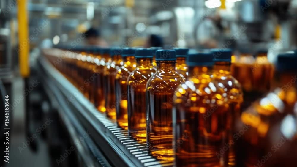 A conveyor belt carrying many bottles of various liquids, ready for processing A conveyor belt carrying many bottles of various liquids, ready for processing
