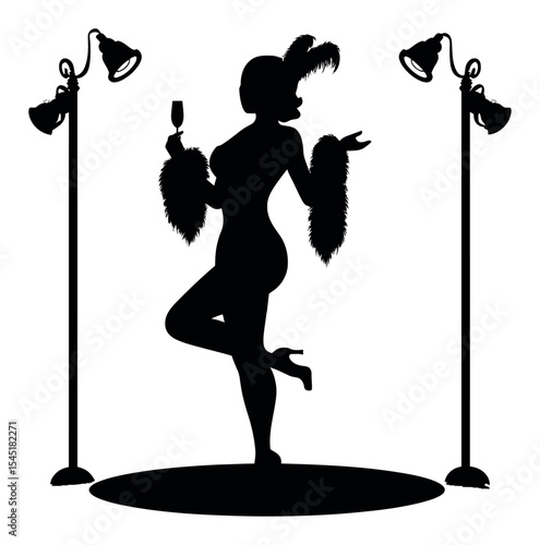 Elegant Silhouette of a Woman with Feather Boa and Champagne Glass