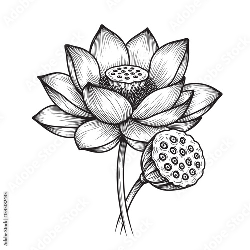 Detailed vintage art silhouette of a blooming lotus flower and seed pod in black and white