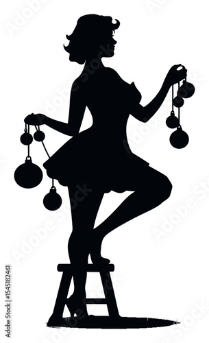 Elegant Silhouette of Woman in Dress Holding Orbs on a Stool