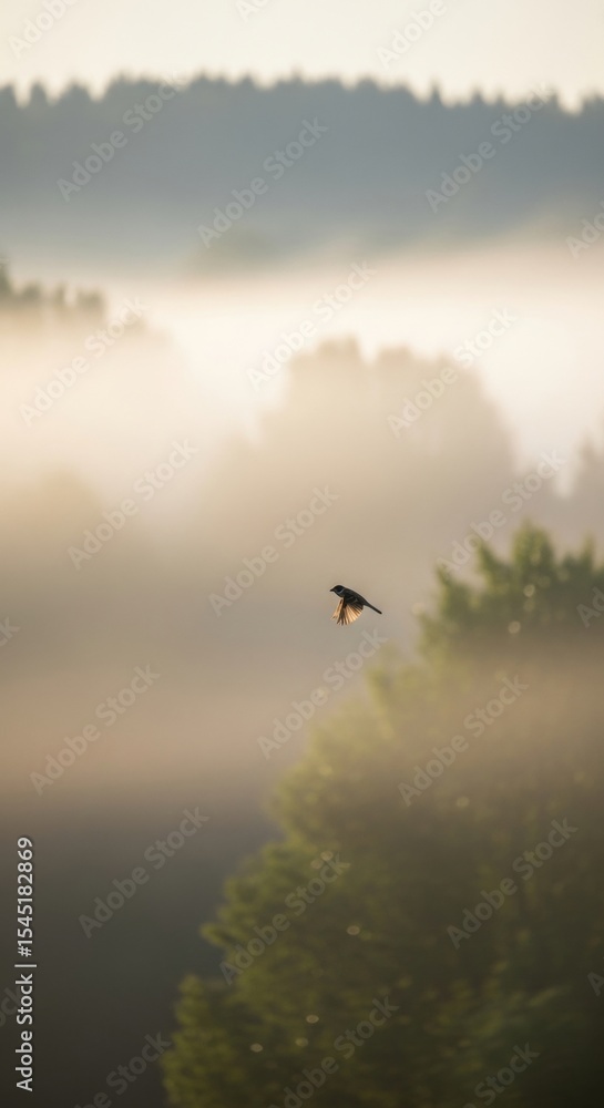 Fototapeta premium Serene morning mist with bird in flight over lush greenery
