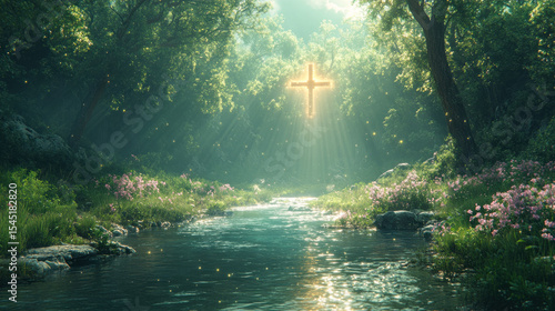 Peaceful forest stream with glowing cross in sunlight, symbolizing spirituality, faith, serenity, and divine presence in nature’s beauty.
