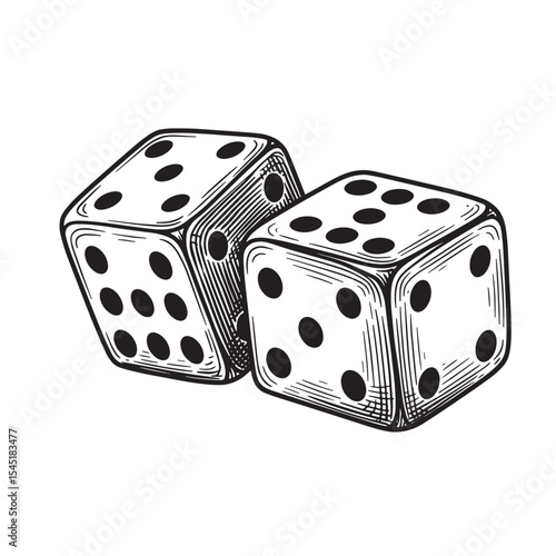 Two detailed black and white dice illustration vintage art silhouette concept for gambling and games