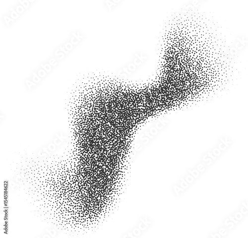 Grainy gradient shape with pattern of noisy sand elements. Abstract stipple splash. Fluid shadow with dotted texture. Charcoal liquid stain.