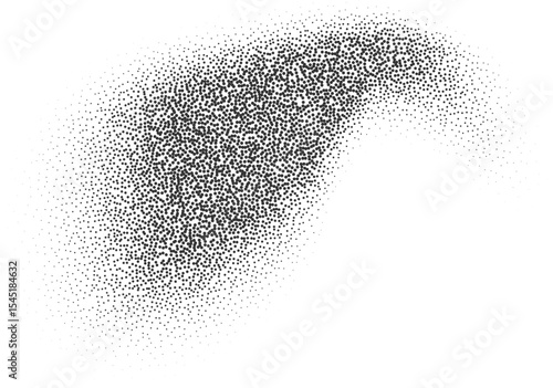 Grainy gradient shape with pattern of noisy sand elements. Abstract stipple splash. Fluid shadow with dotted texture. Charcoal liquid stain.