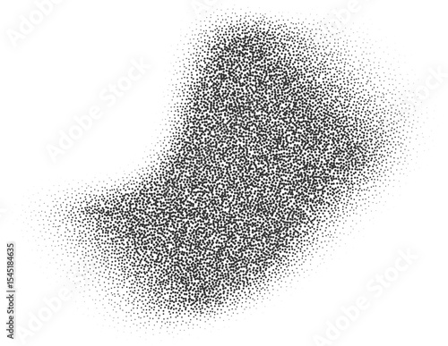 Grainy gradient shape with pattern of noisy sand elements. Abstract stipple splash. Fluid shadow with dotted texture. Charcoal liquid stain.