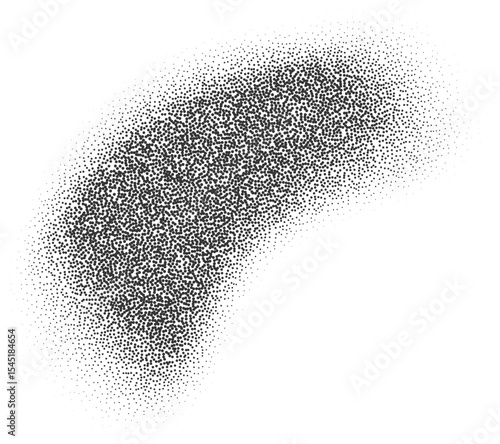 Grainy gradient shape with pattern of noisy sand elements. Abstract stipple splash. Fluid shadow with dotted texture. Charcoal liquid stain.