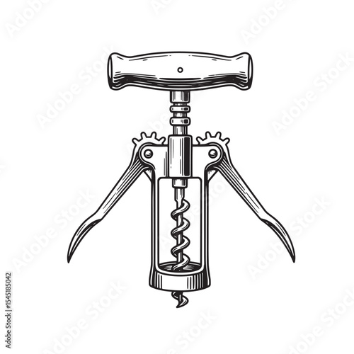Vintage art silhouette of a classic wine corkscrew for beverage opening illustration