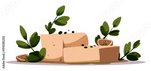 Delightful Cartoon Composition of Soft Tofu Surrounded by Green Leaves