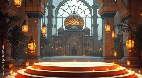 Illuminated lanterns decorating an islamic palace with a stage and dome architecture