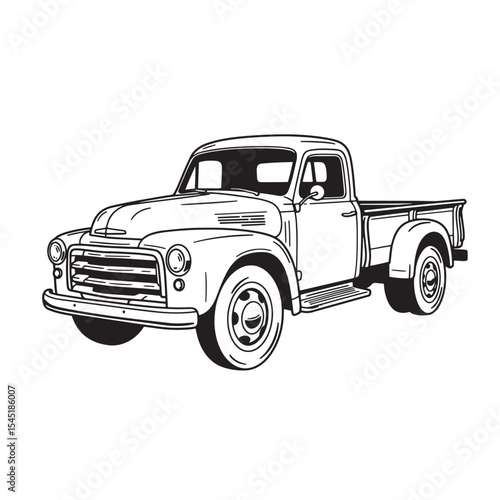 Vintage pickup truck illustration black and white art style design