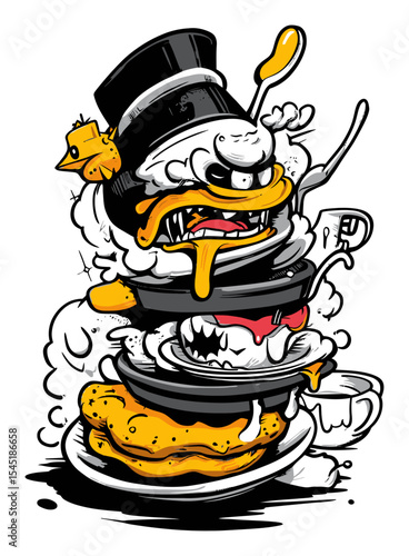 Whimsical Cartoon Duck Chef with Overflowing Cooking Pots and Food