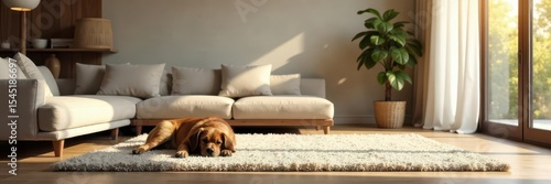 Modern minimalist living room, dog sleeping on rug, cat, contemporary, plant