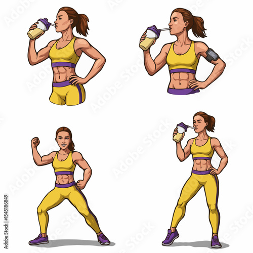 Isolated Images. Muscular fit woman energetically posing and drinking protein shake on an isolated white background 