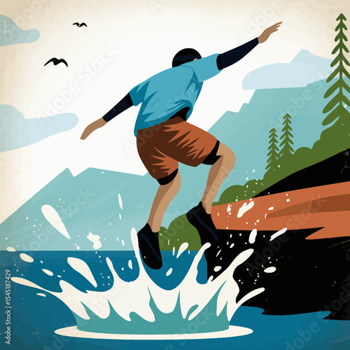 Man Jumping into Water Summer Adventure Cliff Diving Lake Mountains Landscape Retro Style Illustration Graphic Design Bold Colors Active Lifestyle Nature Scene Outdoor Recreation Summer Vacation      