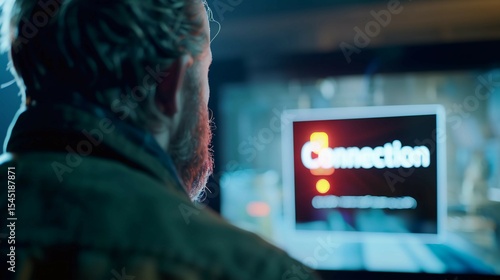 Frustrated young gamer staring at computer screen with connection lost error message, red ping indicator flashing. Online gaming issues, technical problems and internet connection failure concept.