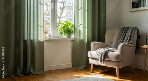 Wallpaper Mural Cozy Living Room Interior with Armchair, Green Curtains, and Potted Plant near Window Torontodigital.ca