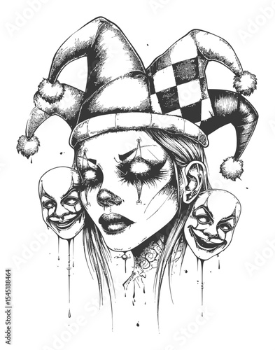 Hand-Drawn Portrait of a Female Clown with Jester Hat and Masked Faces