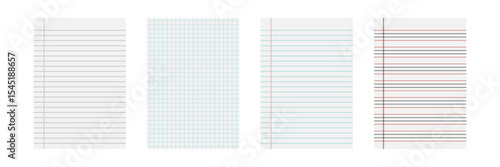 lined paper sheets isolated on transparent white background. Graph paper banner background. four line English paper sheet of notebook.