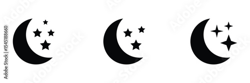 Half moon with stars icon. crescent moon, Shine and sparkle stars vector icon. Moonlight night mode isolated black icon with stars and. Vector illustration.	