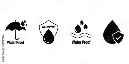 Water proof icon set. Water resistant symbol. Water protection, liquid proof protection. Shield with water drop. Anti wetting material, surface protection. Vector illustration.