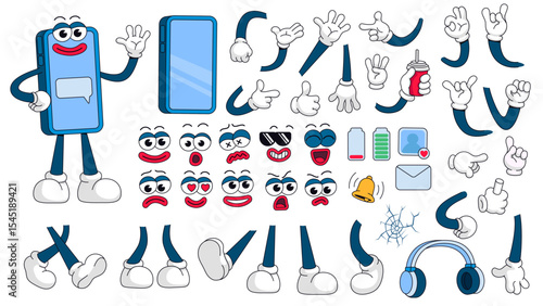 Smartphone cartoon characters constructor kit. Mobile funny phone mascot emotions gestures poses vector set