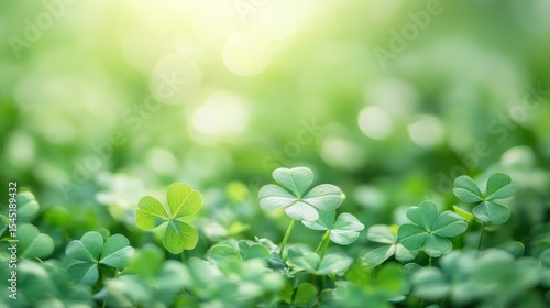 Bright, blurry image of green clover leaves in a field with bokeh-filled background