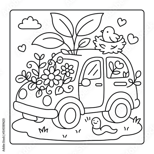 Tiny Gardens Coloring Page – Cute Car with Flowers, Bird Nest, and Worm for Kids