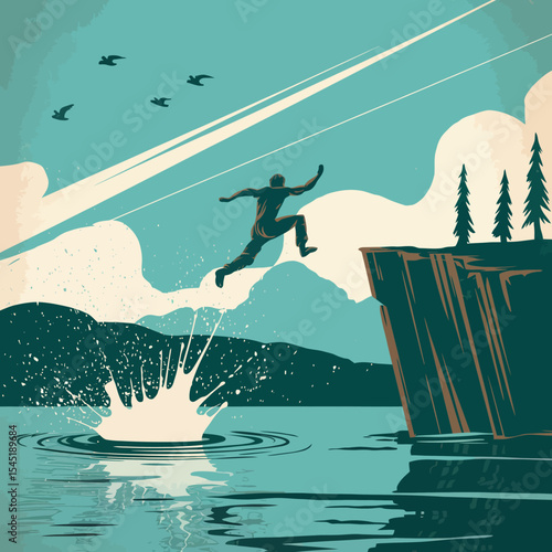 Man Jumping Cliff Dramatic Landscape Teal Green Vintage Style Bold Graphic Illustration Adventure Summer Freedom Risk Taking Nature Scene Water Splash Mountain View Retro Poster Design Bold Colors    