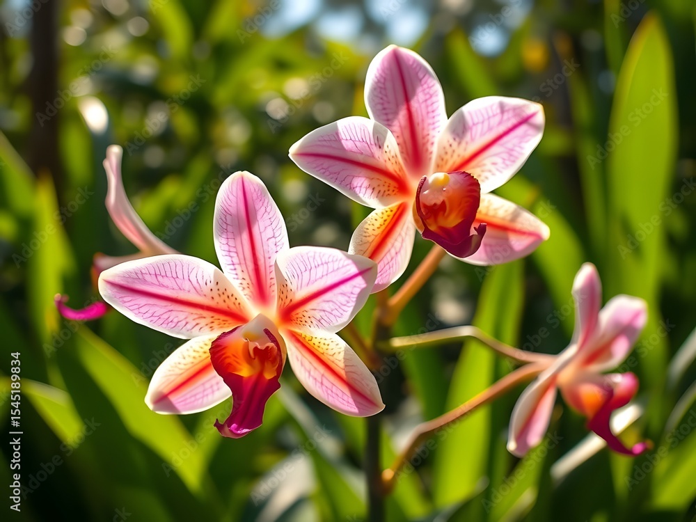 Striped Pink and Orange Orchids in Sunlight Striped Pink and Orange Orchids in Sunlight
