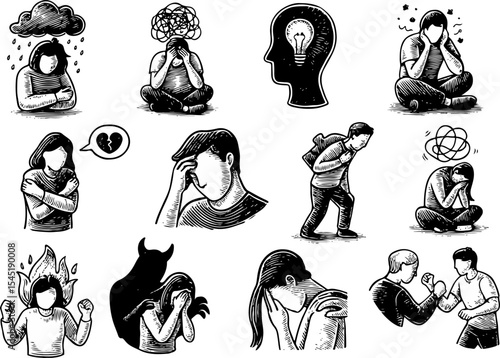 Black and white illustration of people facing emotional struggles like anxiety, stress, and heartbreak, symbolized through expressive postures and mental health icons in hand-drawn style