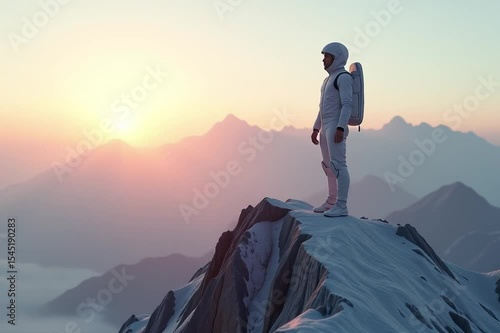 image shows astronaut standing atop mountain sunset wearing white dress carrying bag sky beautiful mix oranges