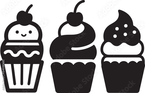 Set of black cupcakes icon silhouette, cupcakes silhouette vector, cake icon, Cherry Cupcake Silhouette, Collection of cupcake silhouette vector icon vector