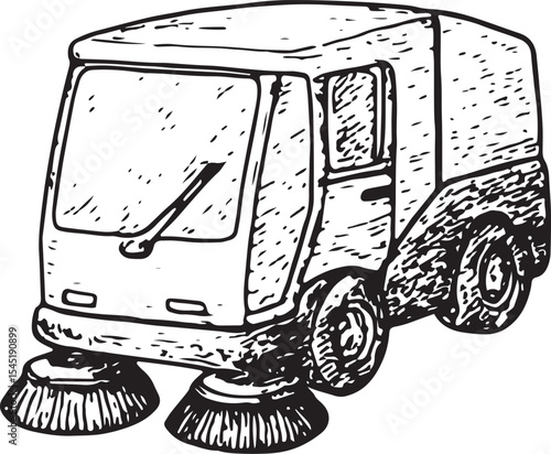 A detailed black-and-white sketch of a wheeled cleaning cart with storage, perfect for transporting supplies, ideal for janitorial and professional cleaning themes