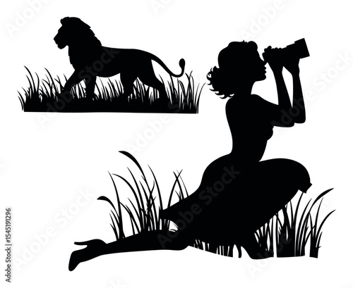 Silhouette of a Woman with Binoculars and a Lion in a Grass Field