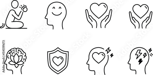 Mental Wellness Icons Mindfulness, Happiness, and Heart Health