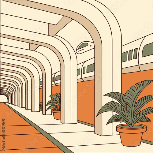 Illustration of a train station platform with archways, plants, and a modern train waiting