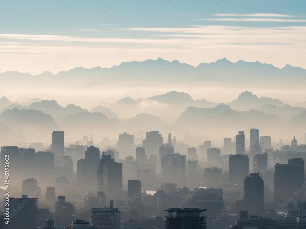 Fototapeta premium Cityscape at Dawn: Misty Mountains and Urban Skyline