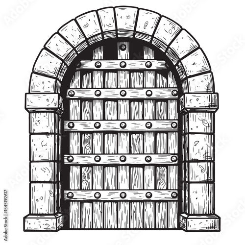 Ancient stone archway wooden gate vintage art silhouette illustration