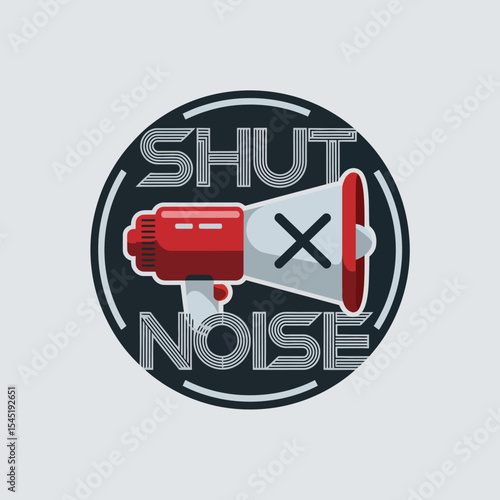 Silence Noise Pollution Stop Sound Megaphone Graphic Design Illustration Vector Art Modern Minimalist Style Digital Print Red White Black Circular Badge Design Shut Noise Peace and Quiet Soundless    